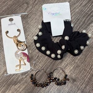 🌹5 for $25🌹 Earrings, Flamingo Keychain & Black Pearl-Embellished Scrunchie